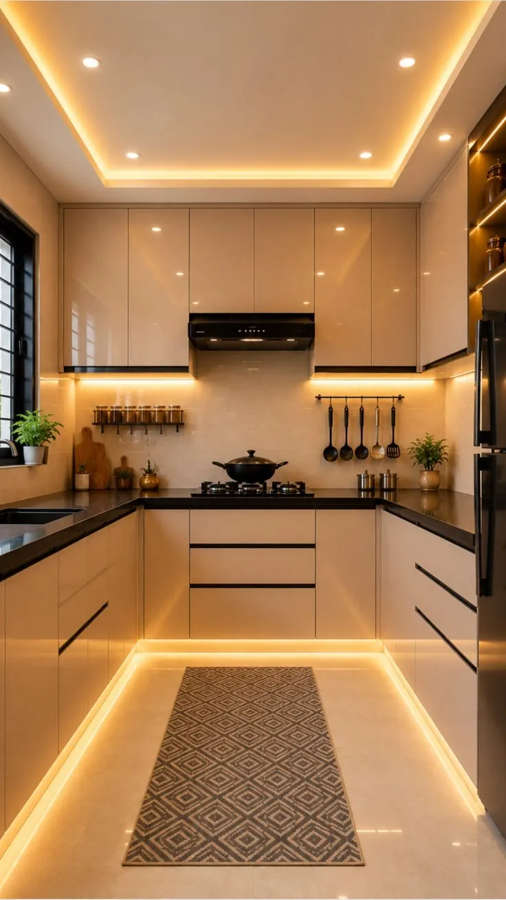 Kitchen interior with warm lighting