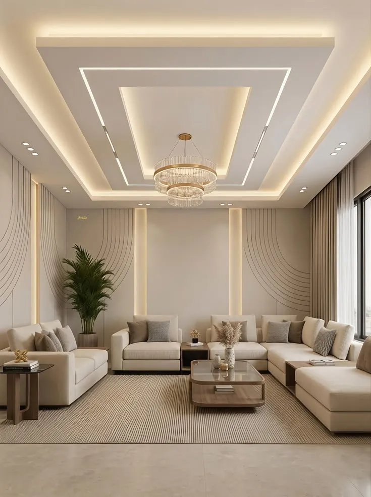 Living room with layered ceiling lighting
